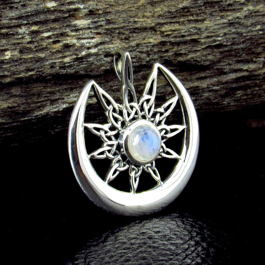 Solid 925 Sterling Silver Celtic Star Moon Pendant with Rainbow Moonstone, Pagan Lunar Jewelry