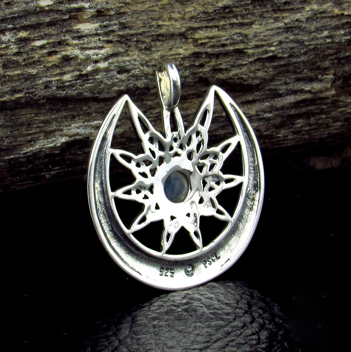 Solid 925 Sterling Silver Celtic Star Moon Pendant with Rainbow Moonstone, Pagan Lunar Jewelry