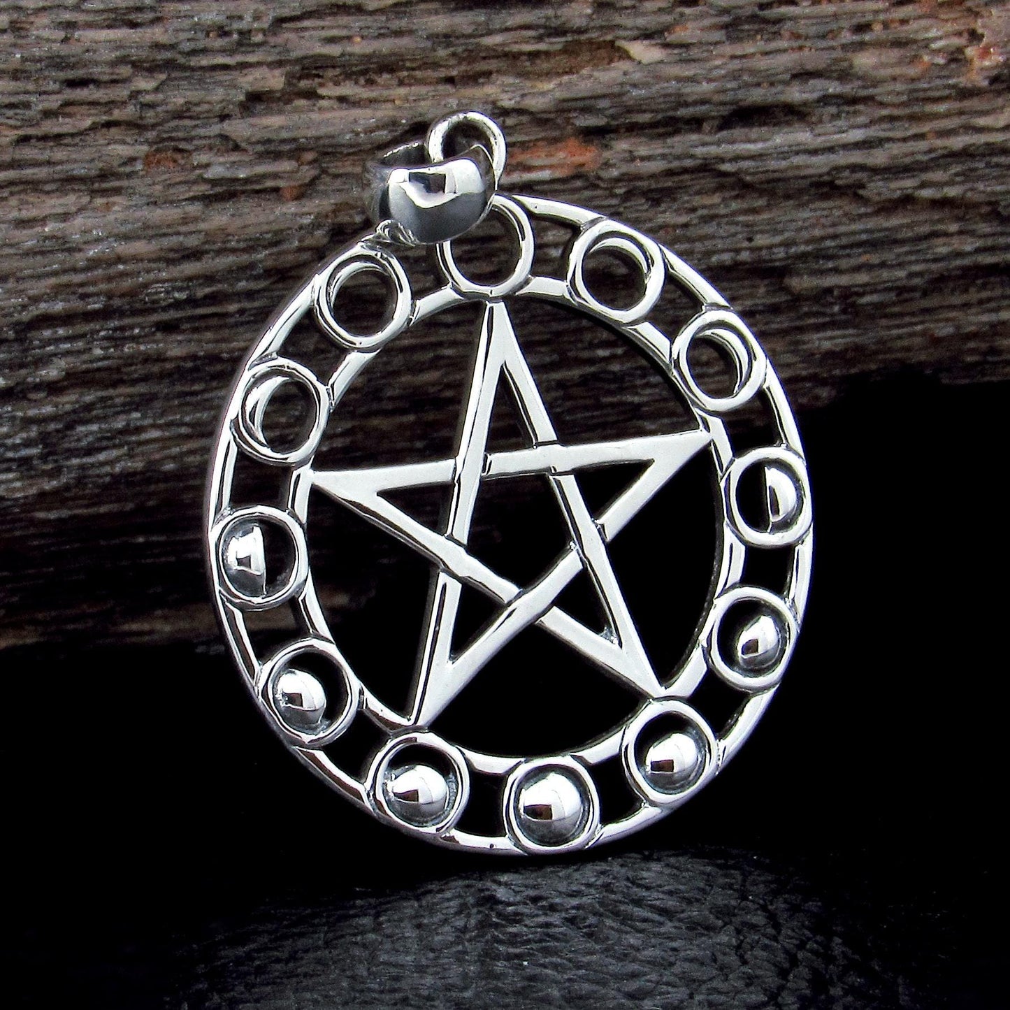 Solid 925 Sterling Silver Moon Phase Pentacle Pendant, Maxine Miller Pagan Wiccan Lunar Amulet