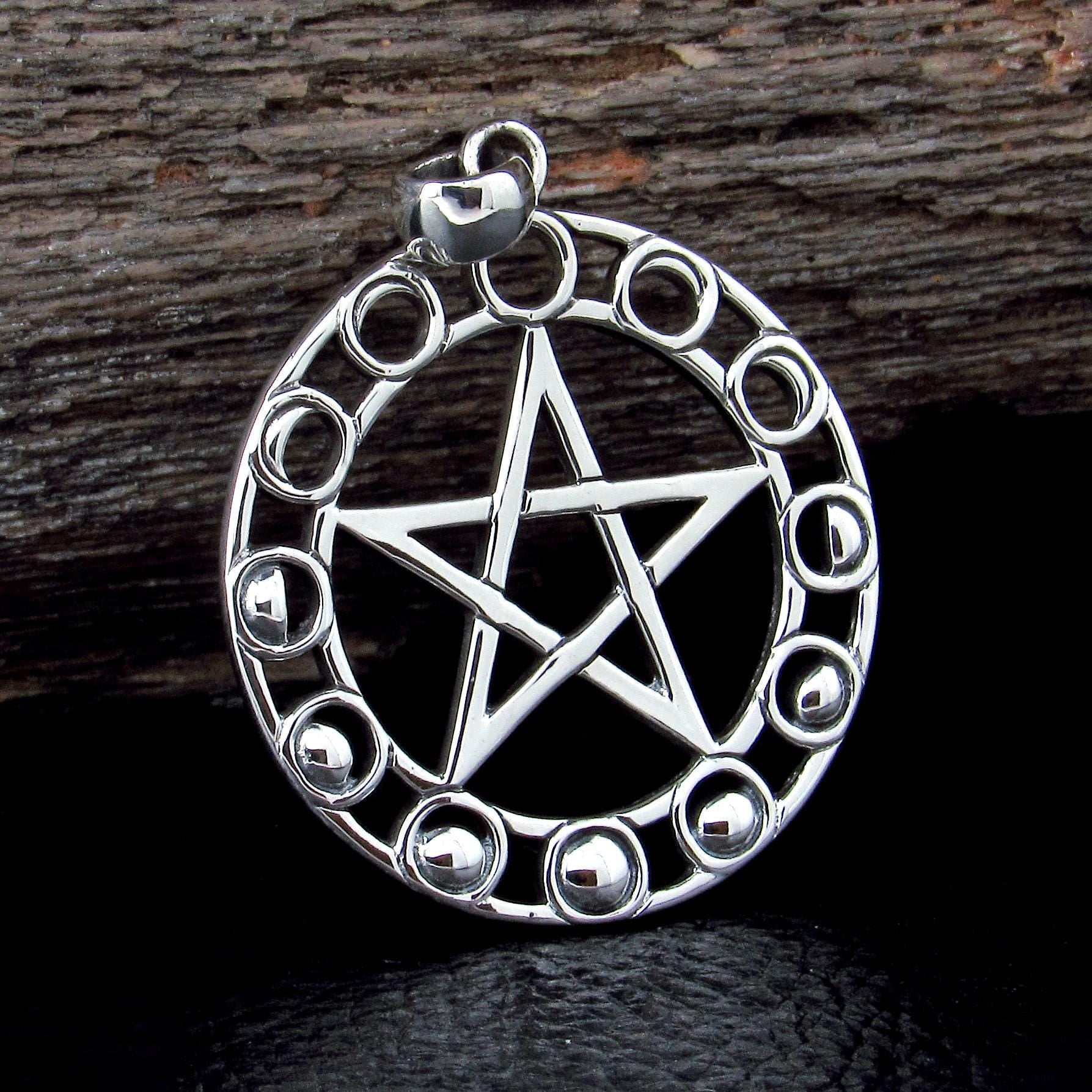 Solid 925 Sterling Silver Moon Phase Pentacle Pendant, Maxine Miller Pagan Wiccan Lunar Amulet
