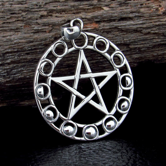 Solid 925 Sterling Silver Moon Phase Pentacle Pendant, Maxine Miller Pagan Wiccan Lunar Amulet