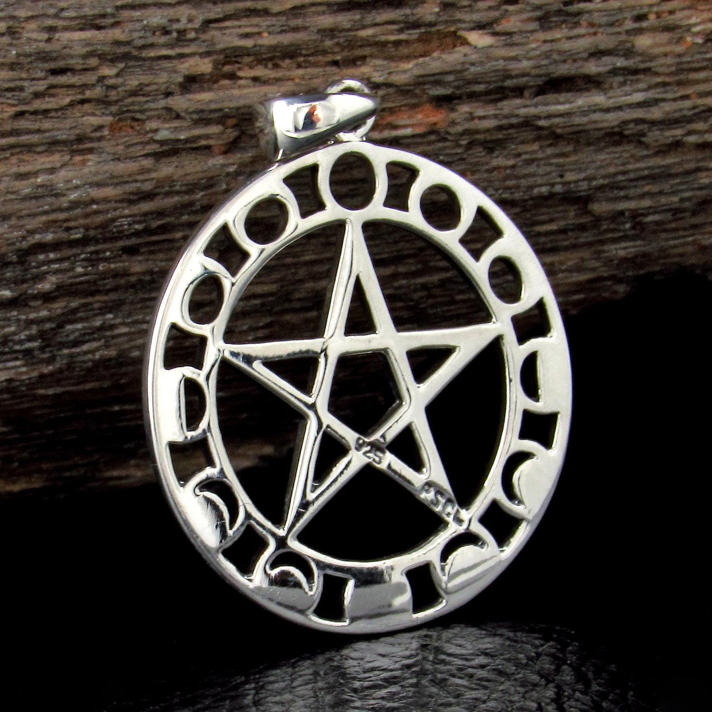 Solid 925 Sterling Silver Moon Phase Pentacle Pendant, Maxine Miller Pagan Wiccan Lunar Amulet