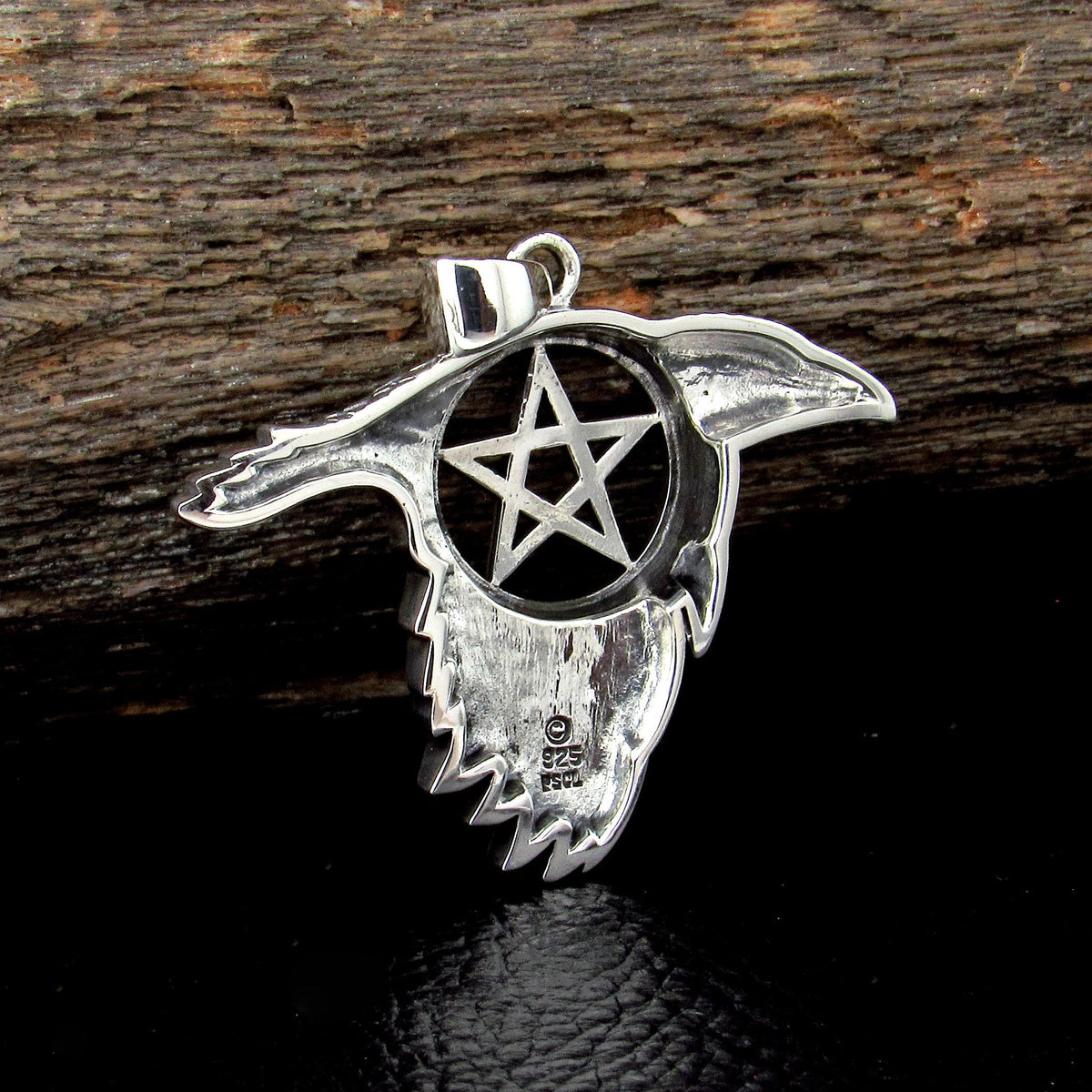 Solid 925 Sterling Silver Raven Pentacle Pendant, Pagan Wiccan Amulet, Elemental Symbol Jewelry