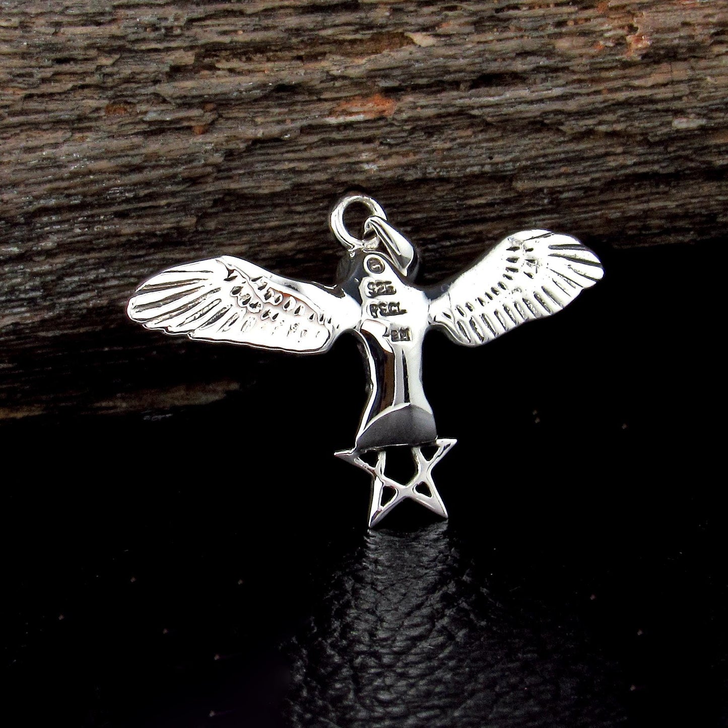 Solid 925 Sterling Silver Flying Owl Pendant, Pentagram Star Triangle, Pagan Wiccan Amulet