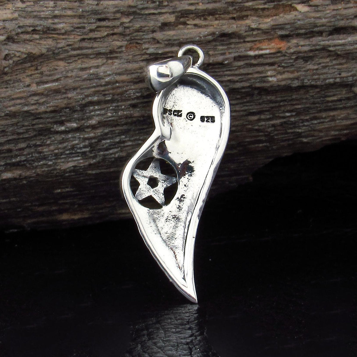 Solid 925 Sterling Silver Crescent Moon Pentacle Angel Wing Pendant w/ Enamel, Gothic Talisman