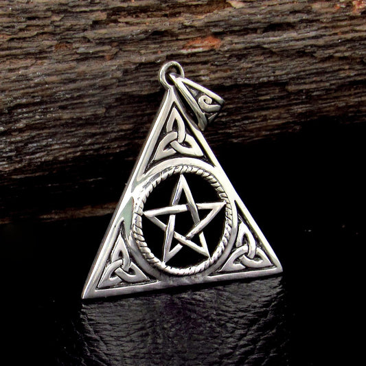 Solid 925 Sterling Silver Celtic Trinity Knot Pentacle Pendant Wiccan Pagan Triangle Amulet