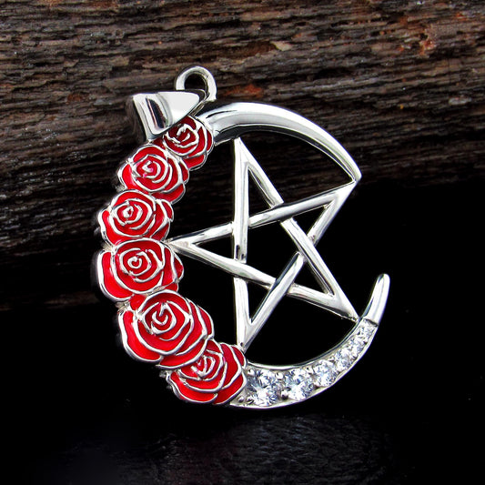 Solid 925 Sterling Silver Crescent Moon Pentagram Pendant Red Enamel Roses CZ Wiccan Amulet