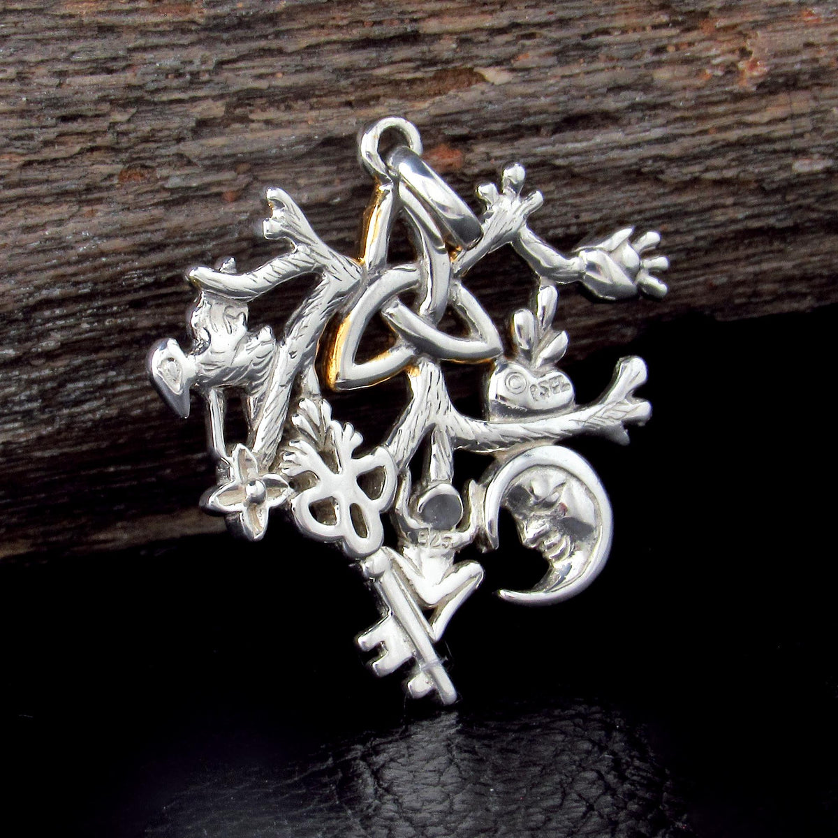 Solid 925 Sterling Silver & 14k Gold Cimaruta Witch Pendant, Italian Protection Talisman / Trinity Knot