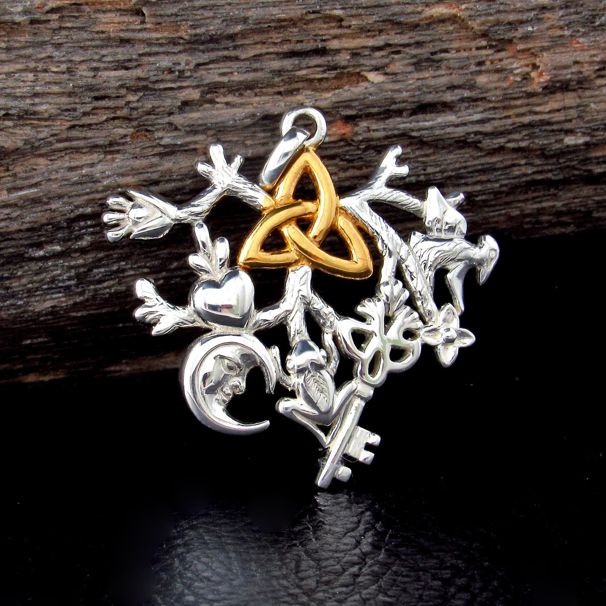 Solid 925 Sterling Silver & 14k Gold Cimaruta Witch Pendant, Italian Protection Talisman / Trinity Knot