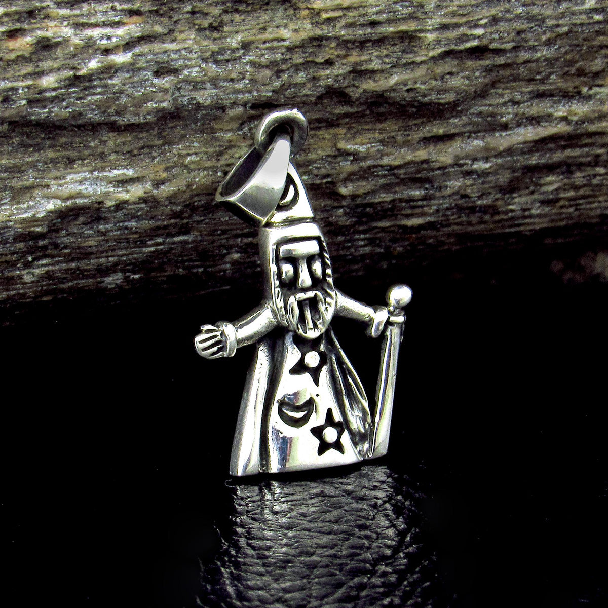 Solid 925 Sterling Silver Wizard Pendant, Magic Staff Cloak, Moon Stars Warlock Charm Jewelry