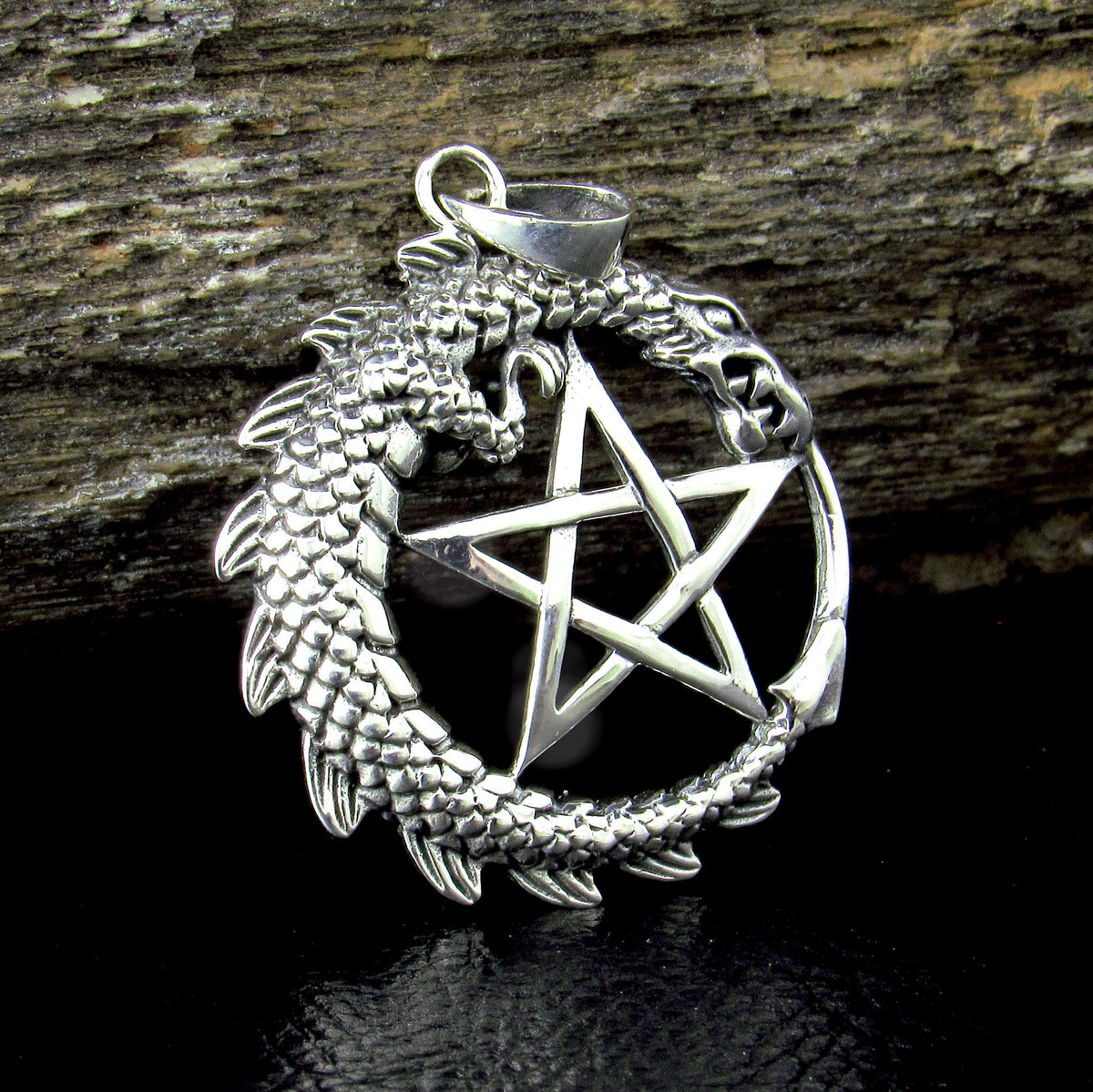 Solid 925 Sterling Silver Dragon Pentacle Pendant, Ouroboros Pentagram Amulet, Magic Pagan Talisman