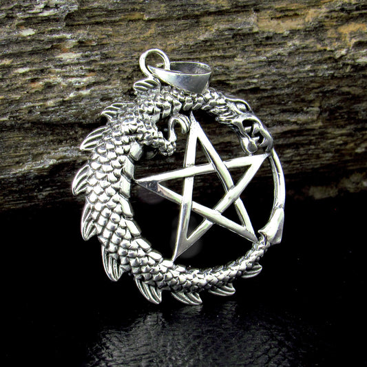 Solid 925 Sterling Silver Dragon Pentacle Pendant, Ouroboros Pentagram Amulet, Magic Pagan Talisman