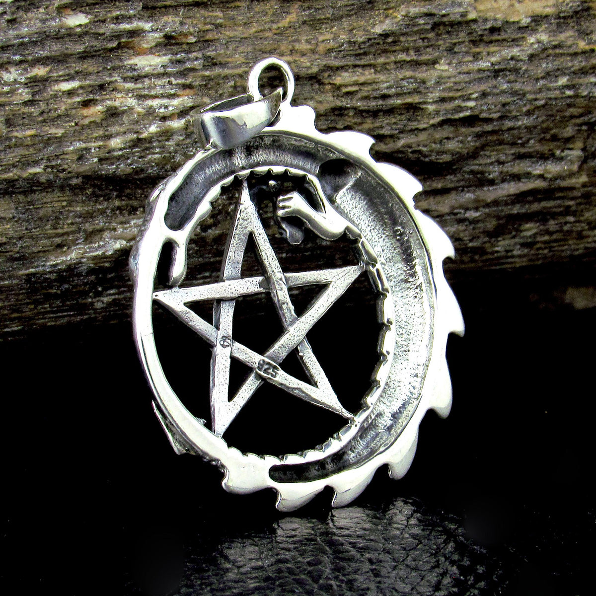 Solid 925 Sterling Silver Dragon Pentacle Pendant, Ouroboros Pentagram Amulet, Magic Pagan Talisman