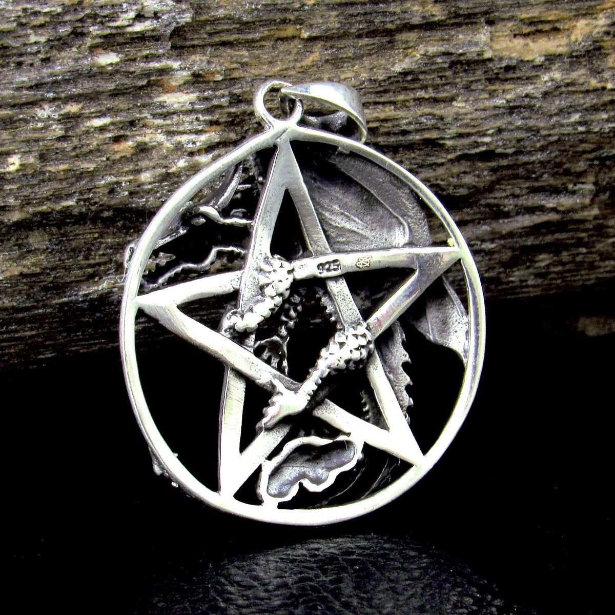 Solid 925 Sterling Silver Dragon Pentagram Pendant – Gothic Wiccan Protection Pentacle, Mythical Occult Talisman