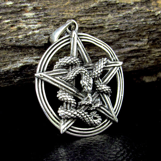 Solid 925 Sterling Silver Intertwined Snake Pentacle Pendant, Interwoven Serpent Ouroboros Pentagram, Pagan Amulet