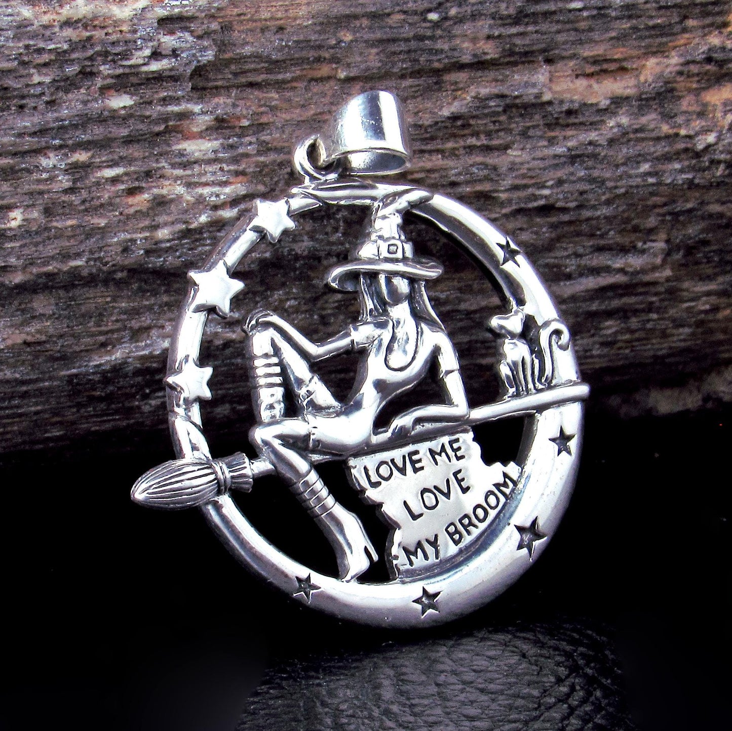 925 Sterling Silver Salem Witch on Broom with Black Cat Pendant – "Love Me Love My Broom"