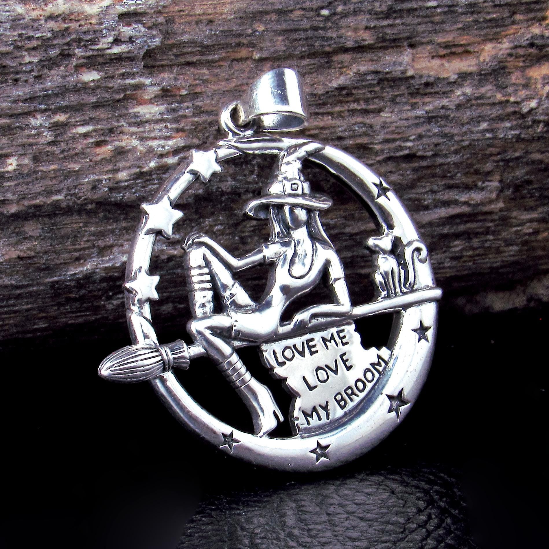 925 Sterling Silver Salem Witch on Broom with Black Cat Pendant – "Love Me Love My Broom"