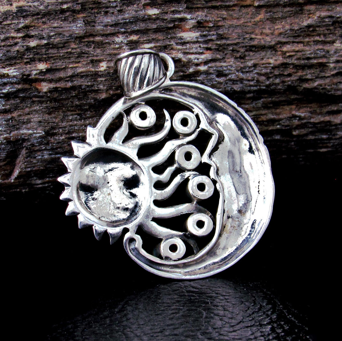 Solid 925 Sterling Silver Sun & Moon Garnet Pendant, Celestial Arcane Amulet, Cosmic Witch Jewelry