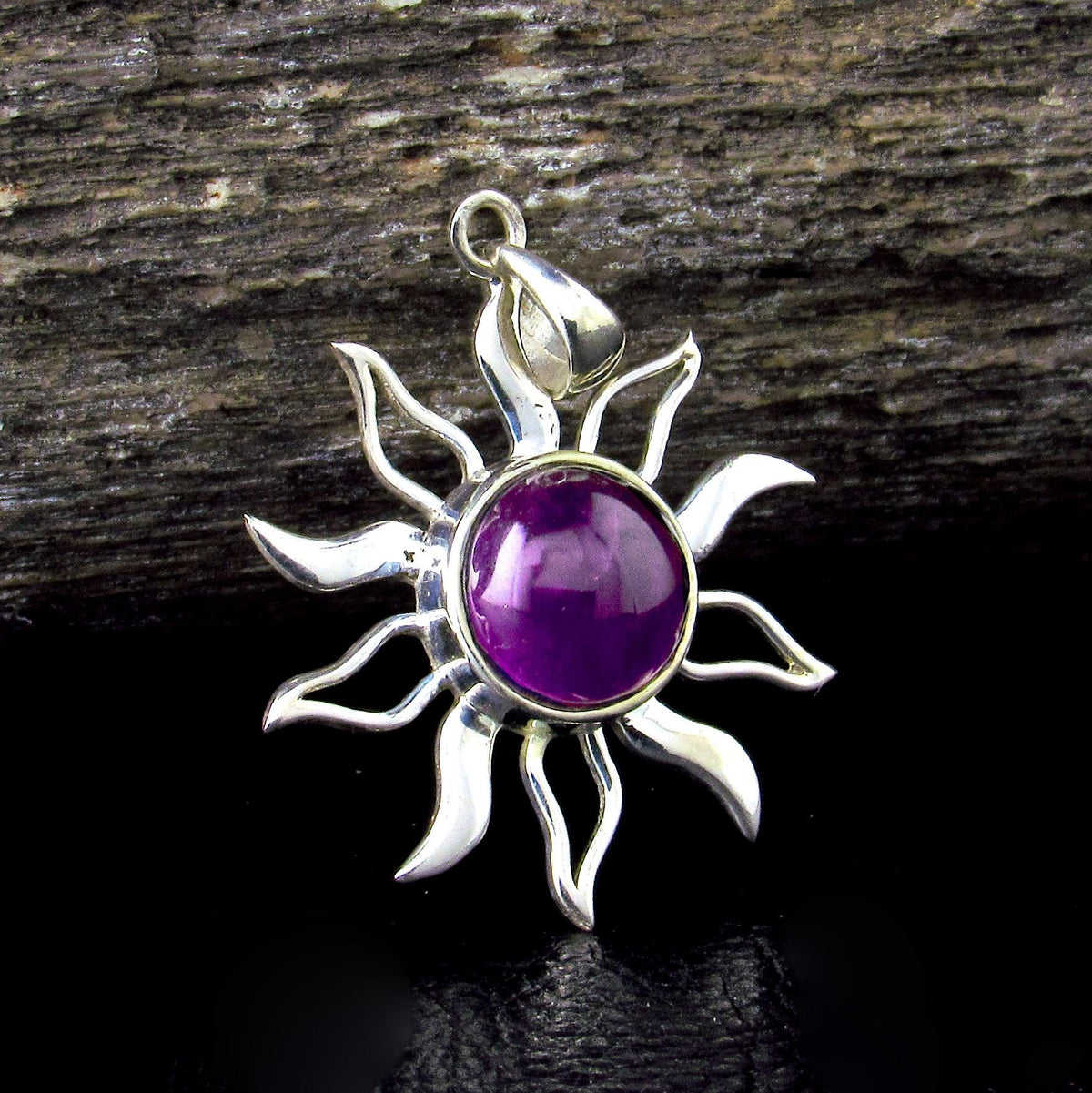 Solid 925 Sterling Silver Amethyst Sun Pendant, Celestial Solar Necklace, Purple Gemstone Arcane Amulet