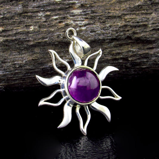 Solid 925 Sterling Silver Amethyst Sun Pendant, Celestial Solar Necklace, Purple Gemstone Arcane Amulet