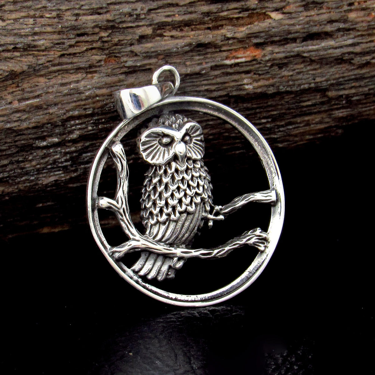 Solid 925 Sterling Silver Barn Owl Pendant Necklace – Forest Bird on Branch Amulet