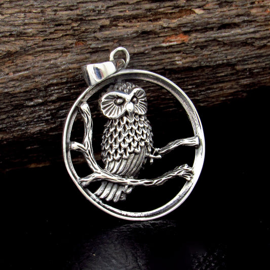 Solid 925 Sterling Silver Barn Owl Pendant Necklace – Forest Bird on Branch Amulet