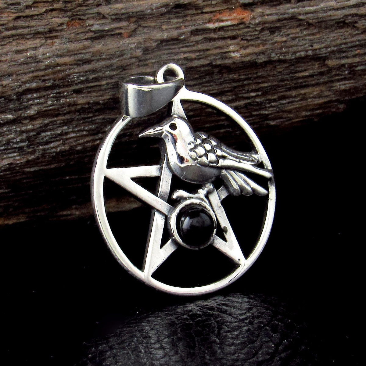 Solid 925 Sterling Silver Crow and Pentacle Pendant with Black Onyx, Gothic Raven Pentagram