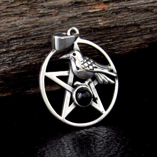 Solid 925 Sterling Silver Crow and Pentacle Pendant with Black Onyx, Gothic Raven Pentagram