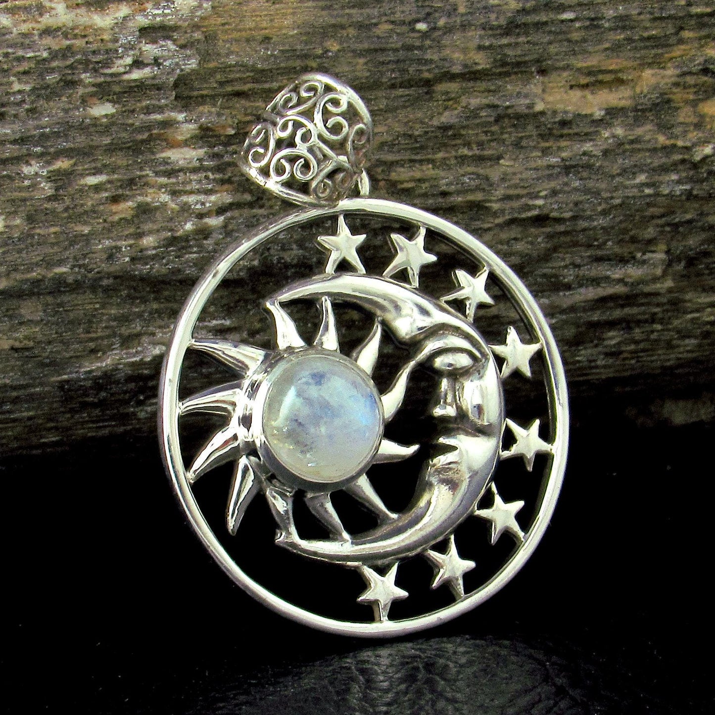 Solid 925 Sterling Silver Sun Moon Face & Stars Pendant with Amethyst, Labradorite, or Moonstone