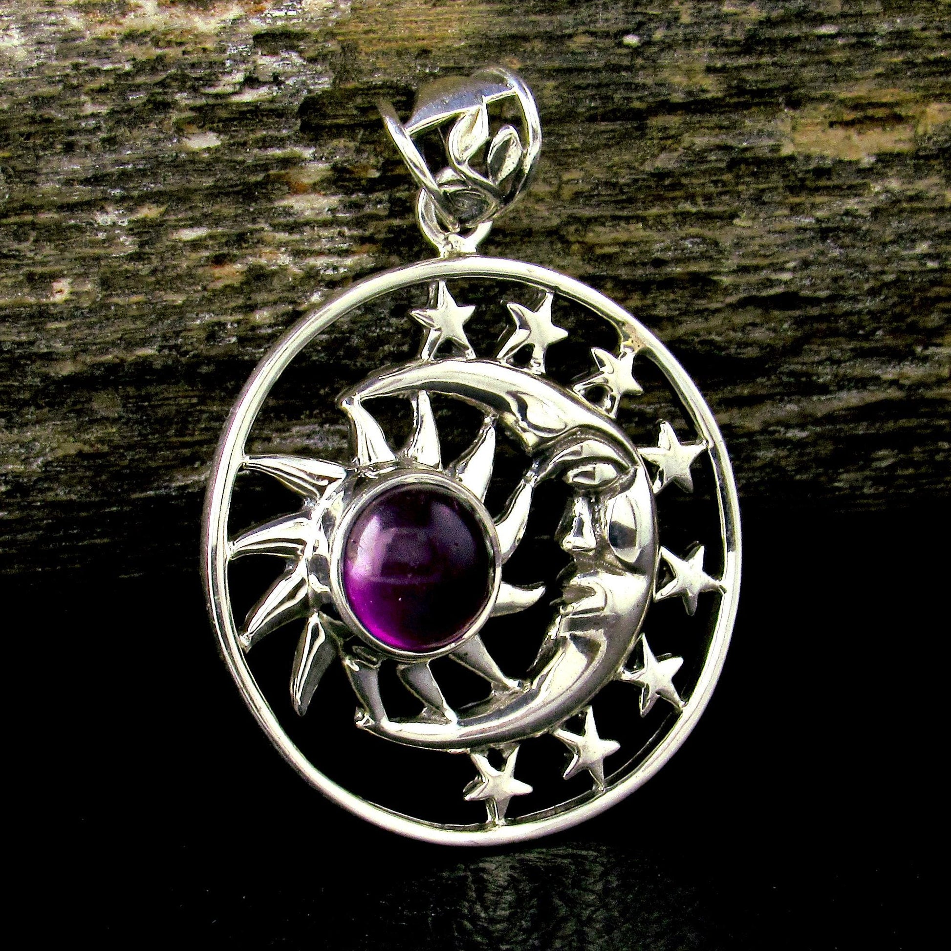 Solid 925 Sterling Silver Sun Moon Face & Stars Pendant with Amethyst, Labradorite, or Moonstone