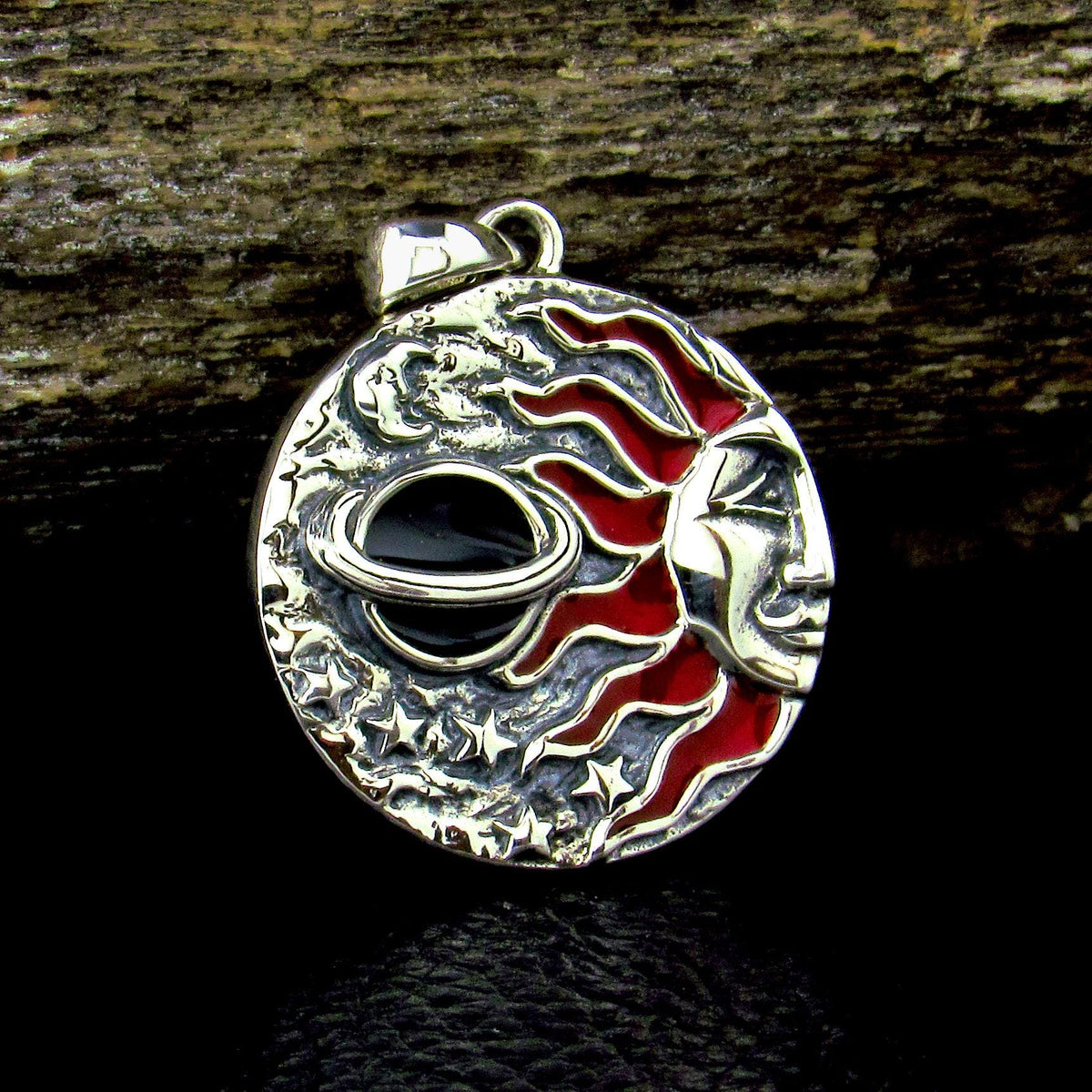 Solid 925 Sterling Silver Sun Face Pendant – Celestial Astrology Jewelry, Saturn Planet, Cosmic Talisman