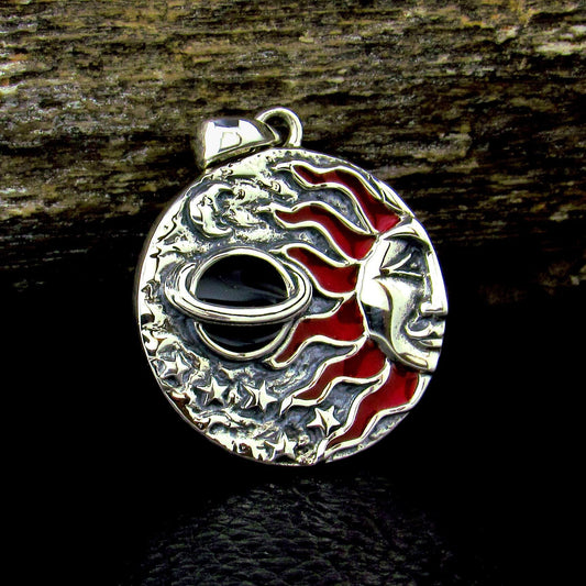 Solid 925 Sterling Silver Sun Face Pendant – Celestial Astrology Jewelry, Saturn Planet, Cosmic Talisman