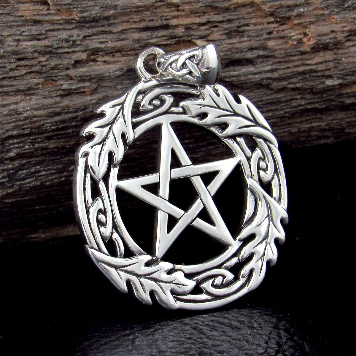 Solid 925 Sterling Silver Oak Leaf Pentacle Pendant, Celtic Knotwork, Pagan Amulet, Wiccan Talisman