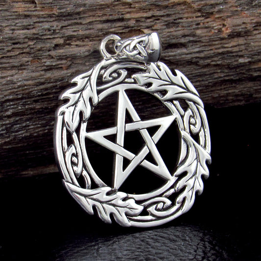 Solid 925 Sterling Silver Oak Leaf Pentacle Pendant, Celtic Knotwork, Pagan Amulet, Wiccan Talisman