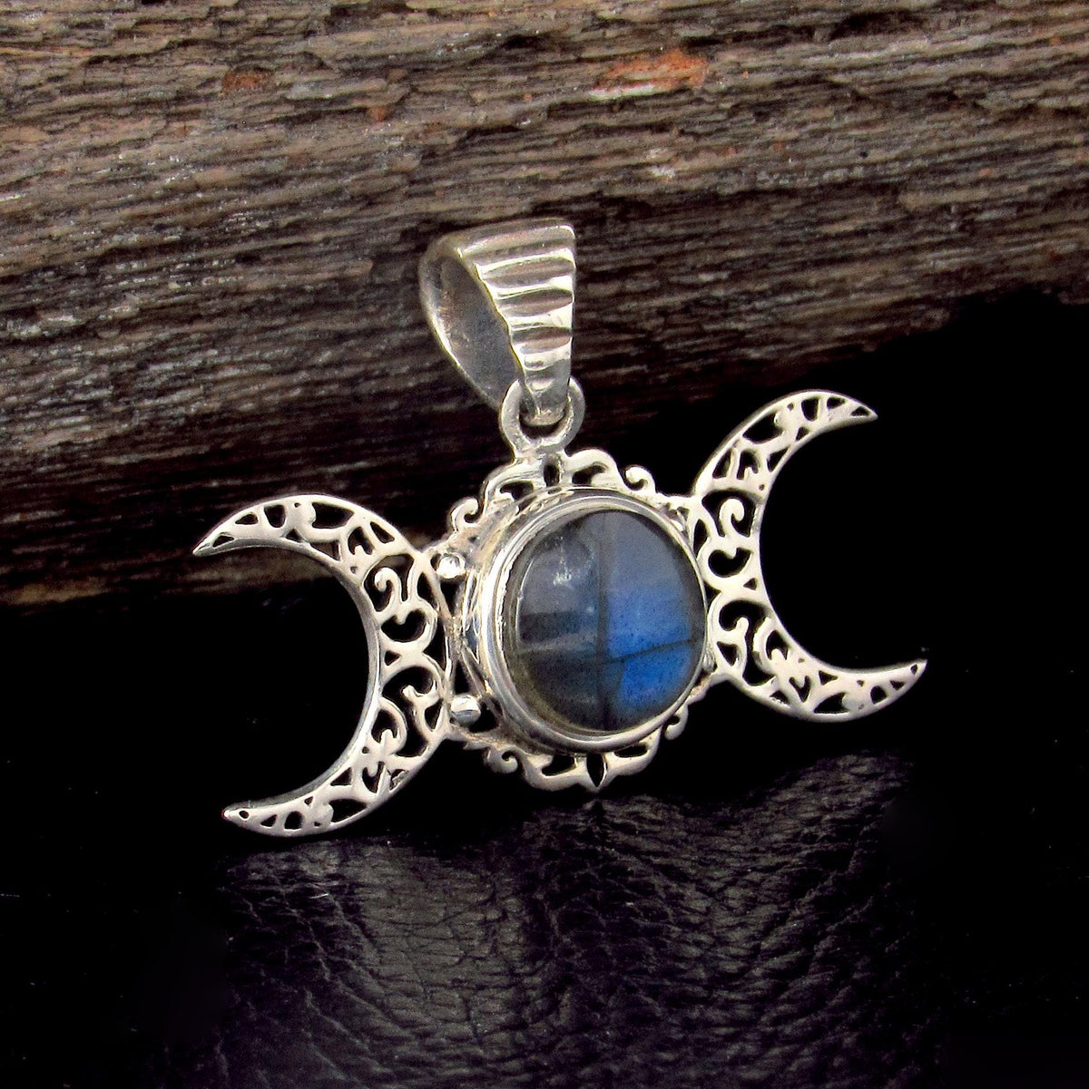 Solid 925 Sterling Silver Triple Moon Pendant - Celestial Gemstone Amulet - Amethyst, Labradorite, Moonstone, Pearl