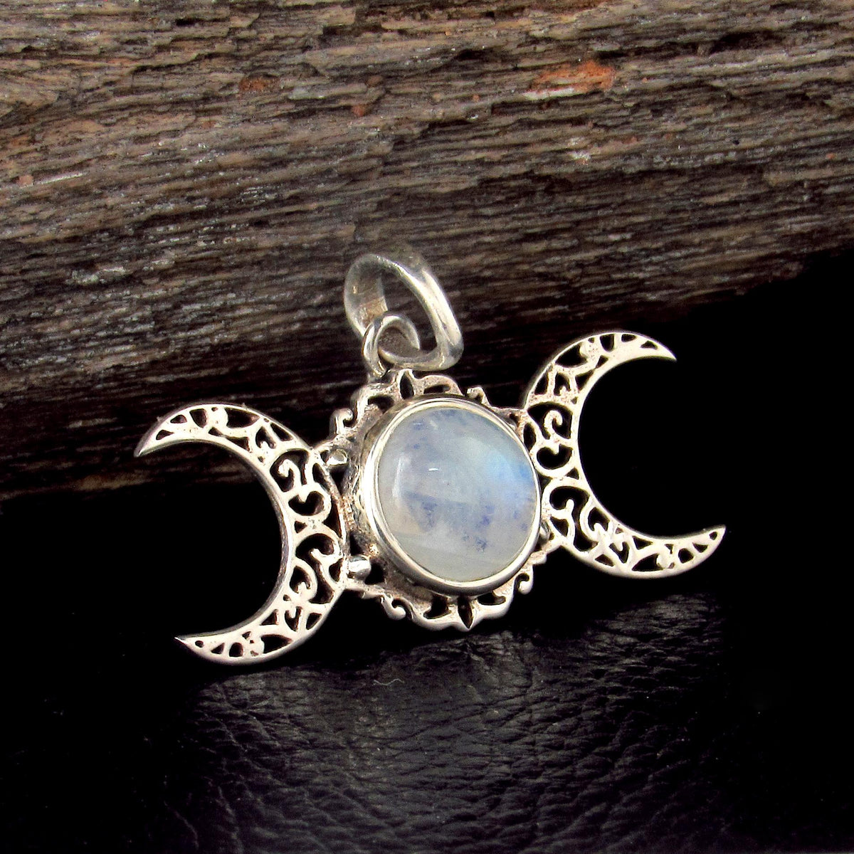 Solid 925 Sterling Silver Triple Moon Pendant - Celestial Gemstone Amulet - Amethyst, Labradorite, Moonstone, Pearl