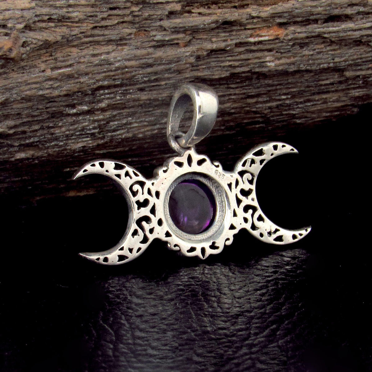 Solid 925 Sterling Silver Triple Moon Pendant - Celestial Gemstone Amulet - Amethyst, Labradorite, Moonstone, Pearl