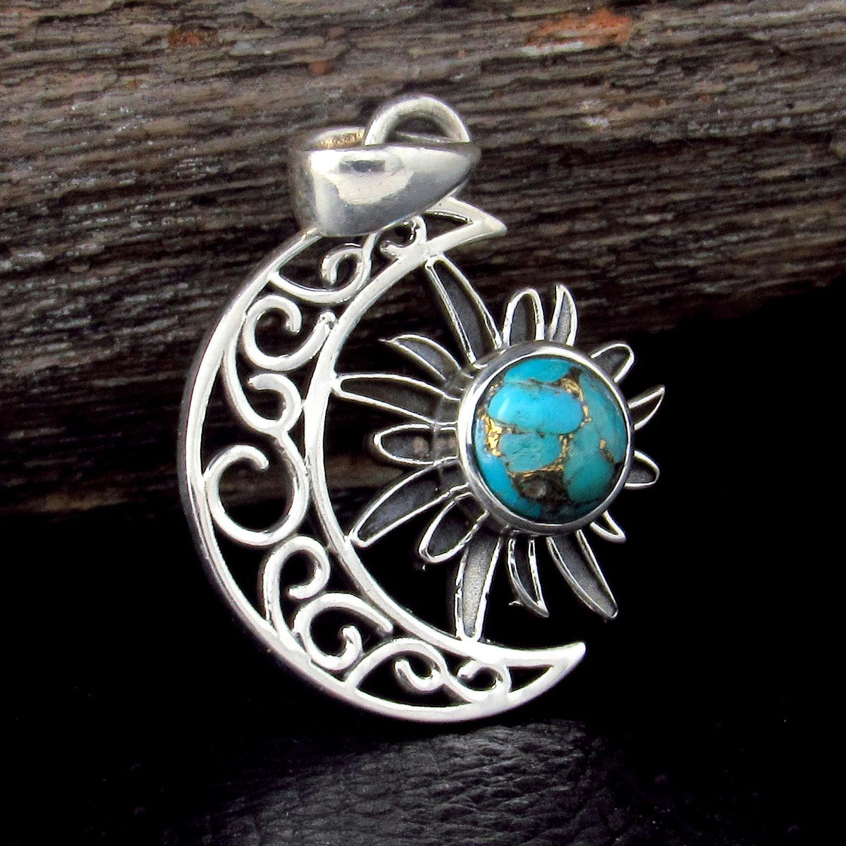 Solid 925 Sterling Silver Crescent Moon & Sun Gemstone Pendant - Amethyst, Citrine, Labradorite, Moonstone, Turquoise