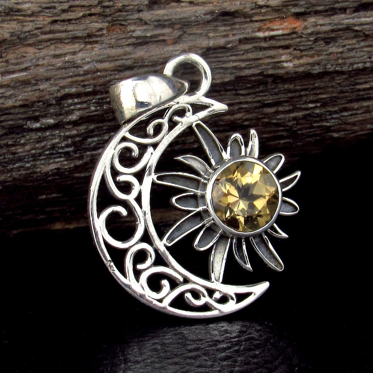 Solid 925 Sterling Silver Crescent Moon & Sun Gemstone Pendant - Amethyst, Citrine, Labradorite, Moonstone, Turquoise