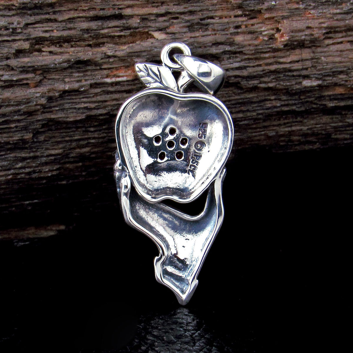 Solid 925 Sterling Silver Apple Pentacle Pendant w/ Garnet Stone Pagan Talisman, Gothic Jewelry