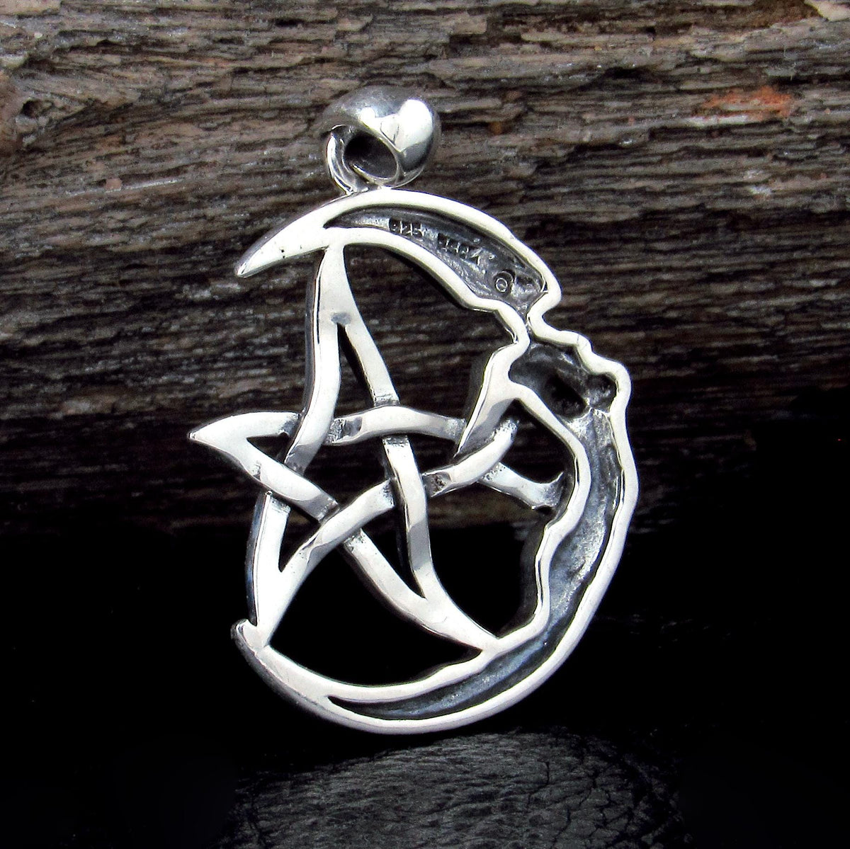 Solid 925 Sterling Silver Crescent Moon Goddess Pentacle Pendant Wiccan Pagan Witch Jewelry