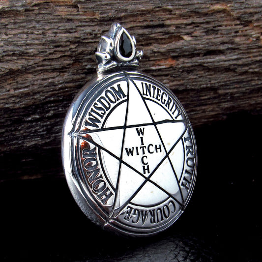 Solid 925 Sterling Silver Witch's Pentacle Pendant with Black Spinel Gemstone, Wisdom Integrity Truth Courage Honor Wisdom WITCH