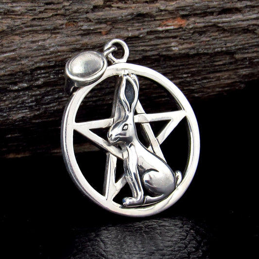 Solid 925 Sterling Silver Rabbit Pentacle Pendant, Pagan Wiccan Ostara Jewelry, Spring Equinox Amulet