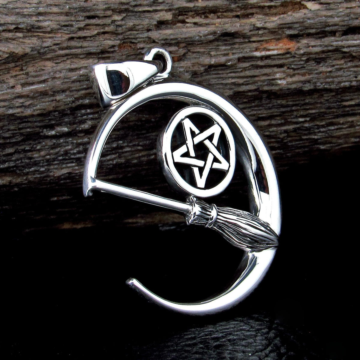 Solid 925 Sterling Silver Crescent Moon Pentacle Pendant, Witch Broom Pagan Wiccan Magic Amulet Jewelry