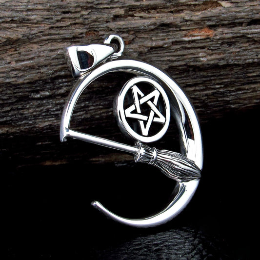 Solid 925 Sterling Silver Crescent Moon Pentacle Pendant, Witch Broom Pagan Wiccan Magic Amulet Jewelry