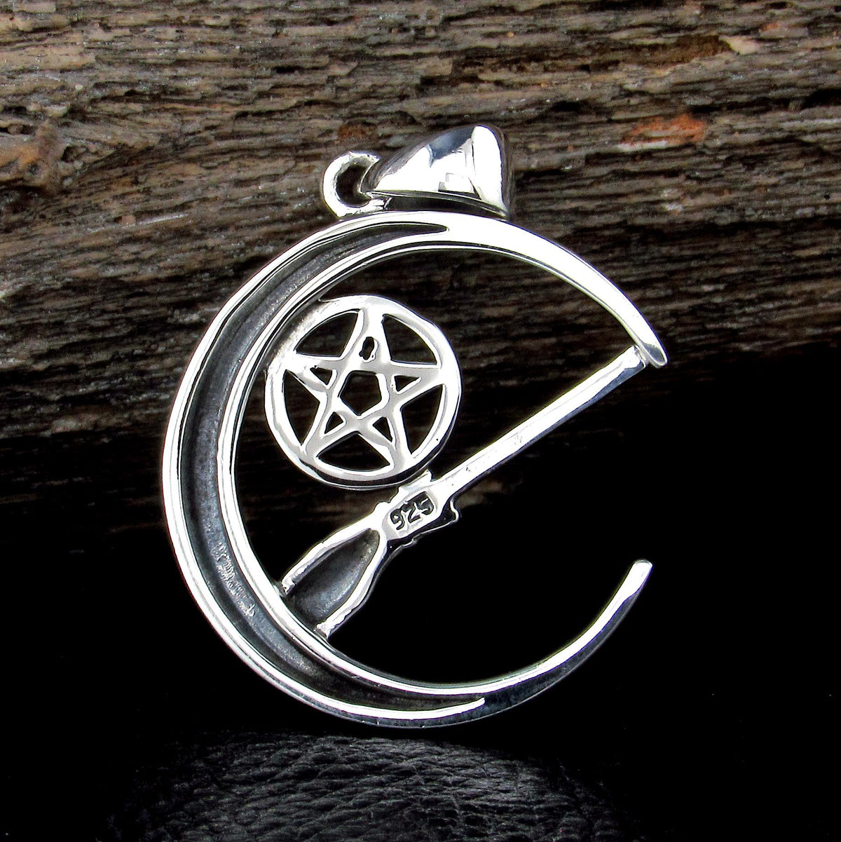 Solid 925 Sterling Silver Crescent Moon Pentacle Pendant, Witch Broom Pagan Wiccan Magic Amulet Jewelry