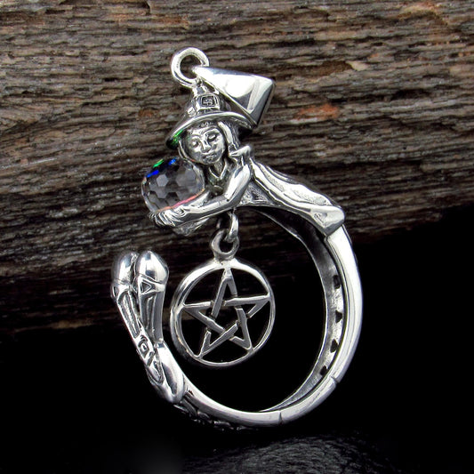 Solid 925 Sterling Silver Crystal Ball Witch Pendant, Pentacle Gothic Wiccan Pagan Occult Talisman