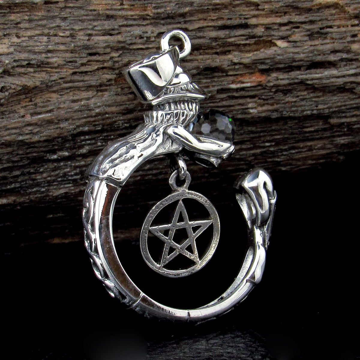 Solid 925 Sterling Silver Crystal Ball Witch Pendant, Pentacle Gothic Wiccan Pagan Occult Talisman