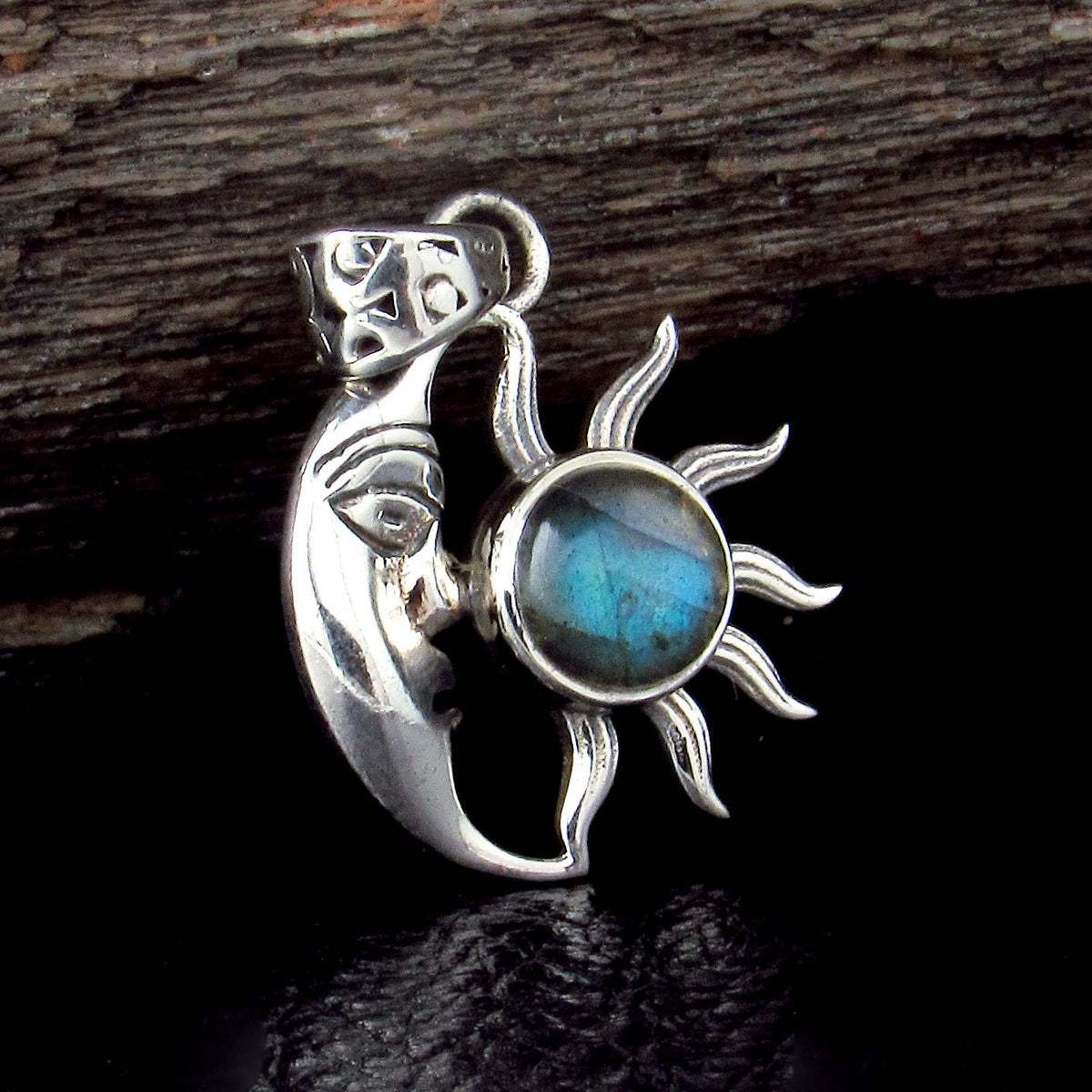 Solid 925 Sterling Silver Crescent Moon & Sun Gemstone Pendant - Amethyst, Labradorite, Rainbow Moonstone