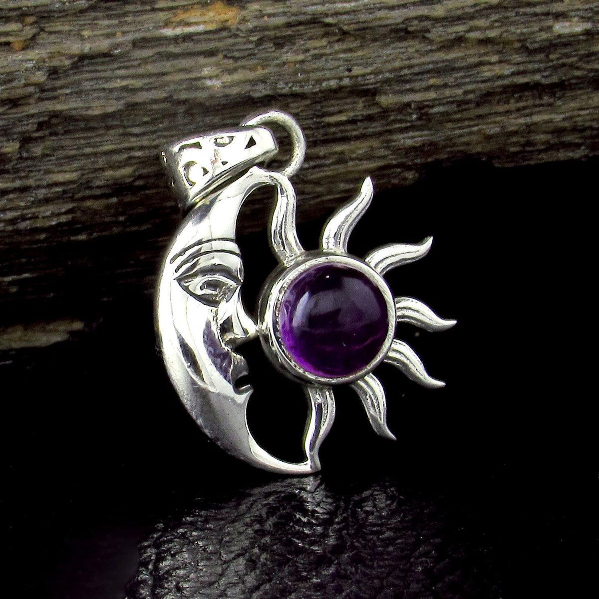 Solid 925 Sterling Silver Crescent Moon & Sun Gemstone Pendant - Amethyst, Labradorite, Rainbow Moonstone